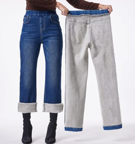 Fakanhui Women's Wide Leg Fleece Lined Jeans Winter Thermal Flannel Lined Jeans Loose Pull on Jeans in Kuwait