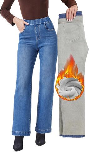Fakanhui Women's Wide Leg Fleece Lined Jeans Winter Thermal Flannel Lined Jeans Loose Pull on Jeans in Kuwait