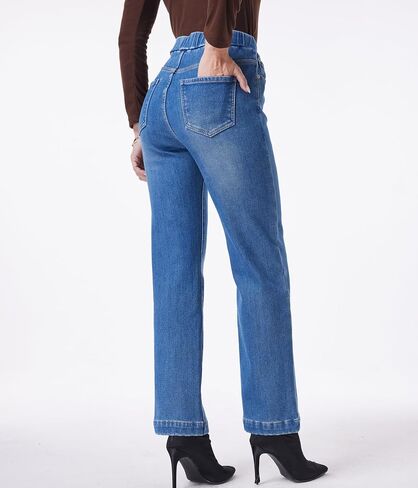 Fakanhui Women's Wide Leg Fleece Lined Jeans Winter Thermal Flannel Lined Jeans Loose Pull on Jeans in Kuwait