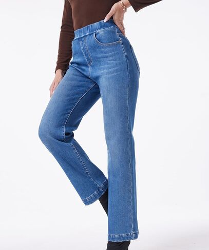 Fakanhui Women's Wide Leg Fleece Lined Jeans Winter Thermal Flannel Lined Jeans Loose Pull on Jeans in Kuwait