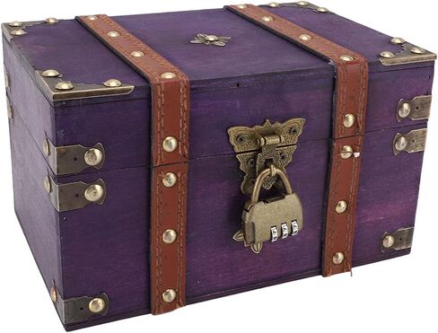 Health Gear Vintage Wooden Storage Box with Lock, Violet Color Wooden Treasure Chest Box with Lock Rectangle Antique Wood Jewelry Storage Box Decorative Handmade Case Organizer in Saudi Arabia