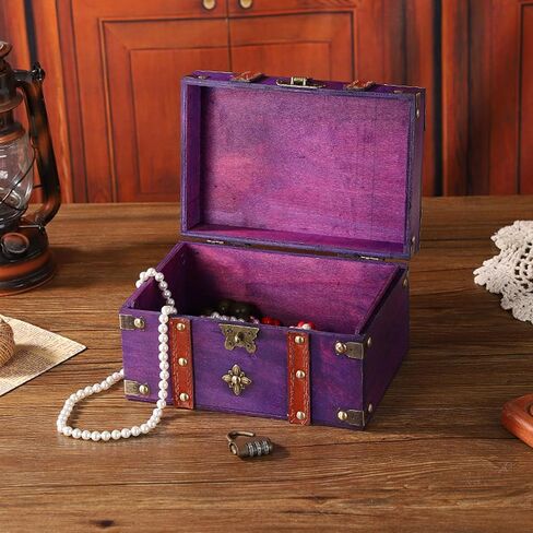 Health Gear Vintage Wooden Storage Box with Lock, Violet Color Wooden Treasure Chest Box with Lock Rectangle Antique Wood Jewelry Storage Box Decorative Handmade Case Organizer in Saudi Arabia