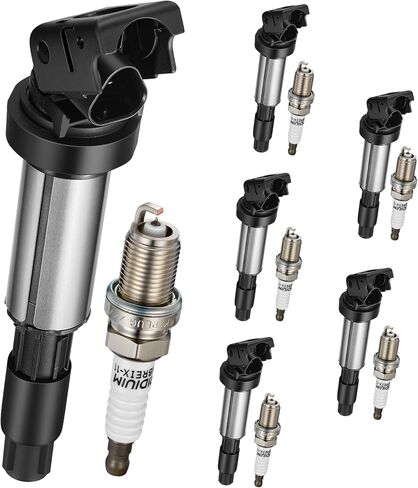 6-Pack UF522 Ignition Coils & 4504 Spark Plugs Compatible with BMW X3/X5/Z4/320i/325i/325xi/325Ci/330Ci/330i/330xi/525i/530i/760Li/760i, 3.0L 2.5L L6/6.0L V12 - Replaces 7092 12131712219 in Saudi Arabia