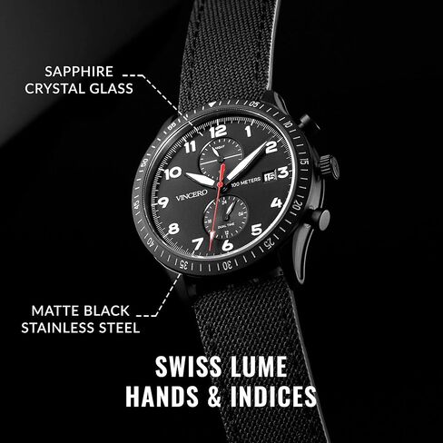 ساعة يد فاخرة للرجال من Vincero - ساعة Altitude للرجال مع سوار كوردورا من النايلون، ساعة يد إيطالية للرجال، ساعة تناظرية 44 ملم مع حركة كوارتز يابانية (أسود مطفي/أحمر) in Kuwait