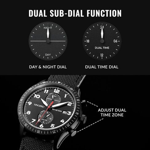 ساعة يد فاخرة للرجال من Vincero - ساعة Altitude للرجال مع سوار كوردورا من النايلون، ساعة يد إيطالية للرجال، ساعة تناظرية 44 ملم مع حركة كوارتز يابانية (أسود مطفي/أحمر) in Kuwait