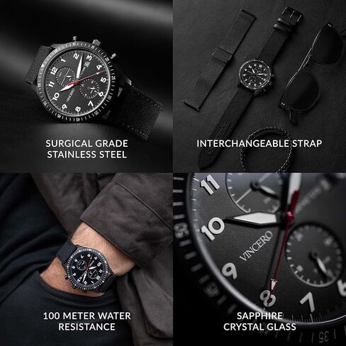 ساعة يد فاخرة للرجال من Vincero - ساعة Altitude للرجال مع سوار كوردورا من النايلون، ساعة يد إيطالية للرجال، ساعة تناظرية 44 ملم مع حركة كوارتز يابانية (أسود مطفي/أحمر) in Kuwait
