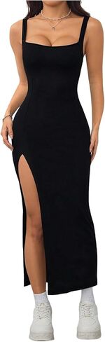 فستان نسائي طويل بفتحة عالية Bodycon بدون أكمام وياقة مربعة مضلعة وظهر مكشوف in Saudi Arabia