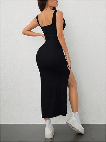 فستان نسائي طويل بفتحة عالية Bodycon بدون أكمام وياقة مربعة مضلعة وظهر مكشوف in Saudi Arabia