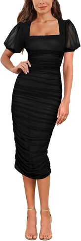 Aisbei Women's Sexy Ruched Bodycon Midi Dress Puff Sleeve Square Neck Mesh Cocktail Party Wedding Dresses in Kuwait