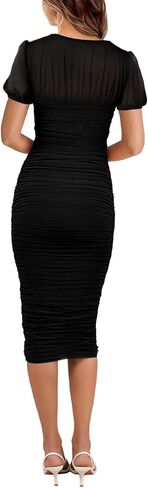 Aisbei Women's Sexy Ruched Bodycon Midi Dress Puff Sleeve Square Neck Mesh Cocktail Party Wedding Dresses in Kuwait
