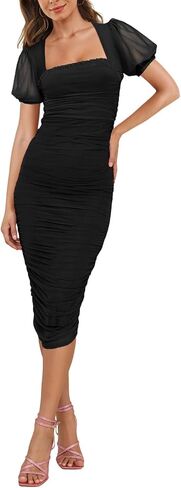 Aisbei Women's Sexy Ruched Bodycon Midi Dress Puff Sleeve Square Neck Mesh Cocktail Party Wedding Dresses in Kuwait