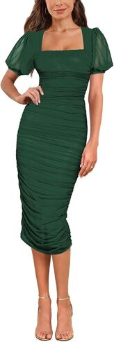 Aisbei Women's Sexy Ruched Bodycon Midi Dress Puff Sleeve Square Neck Mesh Cocktail Party Wedding Dresses in Kuwait
