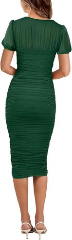 Aisbei Women's Sexy Ruched Bodycon Midi Dress Puff Sleeve Square Neck Mesh Cocktail Party Wedding Dresses in Kuwait