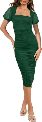 Aisbei Women's Sexy Ruched Bodycon Midi Dress Puff Sleeve Square Neck Mesh Cocktail Party Wedding Dresses in Kuwait