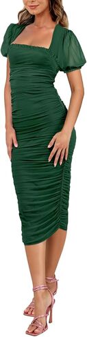 Aisbei Women's Sexy Ruched Bodycon Midi Dress Puff Sleeve Square Neck Mesh Cocktail Party Wedding Dresses in Kuwait