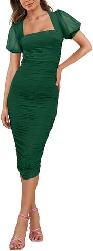 Aisbei Women's Sexy Ruched Bodycon Midi Dress Puff Sleeve Square Neck Mesh Cocktail Party Wedding Dresses in Kuwait