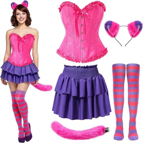 5 Pcs Pink and Purple Striped Halloween Cat Costume for Adult Dress up Corset Tops Skirt Tail Ears High Socks in Saudi Arabia