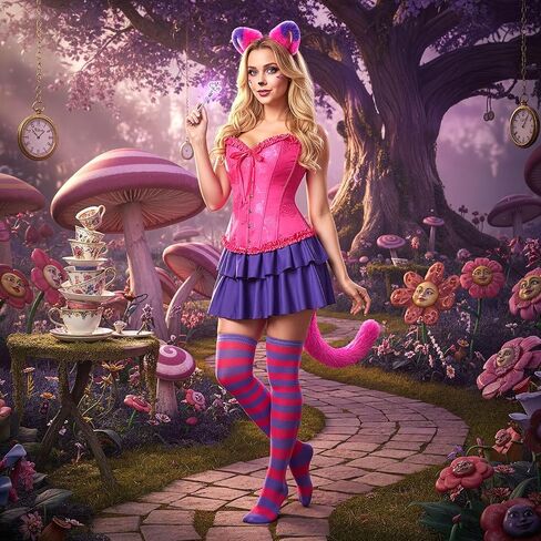 5 Pcs Pink and Purple Striped Halloween Cat Costume for Adult Dress up Corset Tops Skirt Tail Ears High Socks in Saudi Arabia