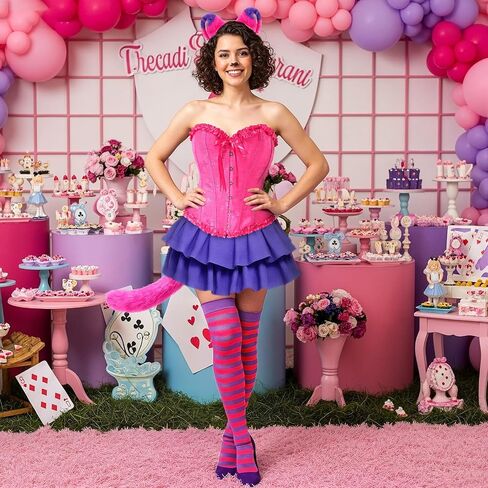 5 Pcs Pink and Purple Striped Halloween Cat Costume for Adult Dress up Corset Tops Skirt Tail Ears High Socks in Saudi Arabia