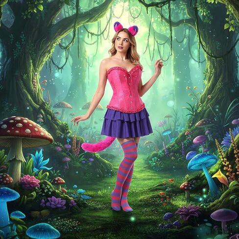 5 Pcs Pink and Purple Striped Halloween Cat Costume for Adult Dress up Corset Tops Skirt Tail Ears High Socks in Saudi Arabia