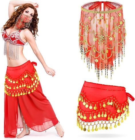 Mepase 1 Set Belly Dancer Outfit Belly Dance Hip Scarf Face Veil with Beads Sequins for Women Halloween Costume Accessory in Saudi Arabia