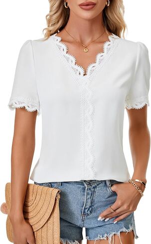 Rooscier Women's Lace Crochet Short Sleeve V Neck Casual Office Work Tunic Shirt Top in Saudi Arabia