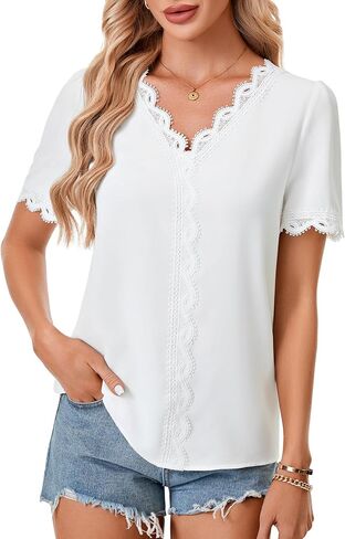 Rooscier Women's Lace Crochet Short Sleeve V Neck Casual Office Work Tunic Shirt Top in Saudi Arabia