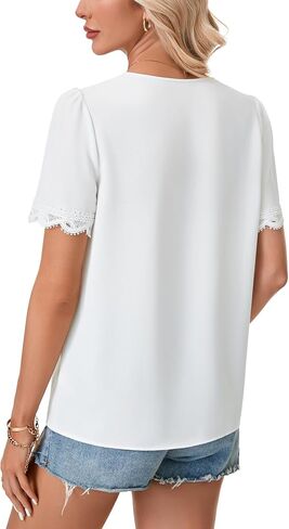 Rooscier Women's Lace Crochet Short Sleeve V Neck Casual Office Work Tunic Shirt Top in Saudi Arabia