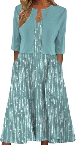 XNC Womens 2 Piece Set Fashion Fresh Plant Print Midi Dress V-Neck Half Sleeve with Jacket A-line Dresses Lounge Outfits in Kuwait