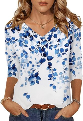 Zeagoo Womens 3/4 Length Sleeve V Neck Tunic Tops Casual Basic T-Shirts Spring Summer Blouse Cute Business Work Tees 2025 in Saudi Arabia