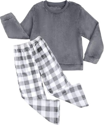 Weixinbuy Girls Fuzzy Pants Set Winter Flannel Fleece Outfits Pajamas Set for Kids Girls Crewneck Top & Plaid Pants Sweatsuit in Kuwait