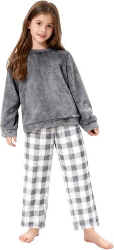 Weixinbuy Girls Fuzzy Pants Set Winter Flannel Fleece Outfits Pajamas Set for Kids Girls Crewneck Top & Plaid Pants Sweatsuit in Kuwait
