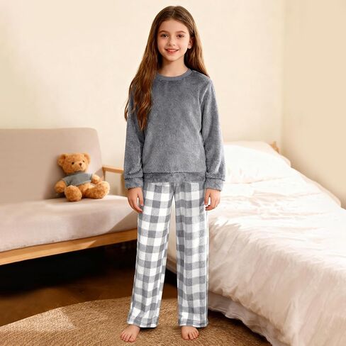 Weixinbuy Girls Fuzzy Pants Set Winter Flannel Fleece Outfits Pajamas Set for Kids Girls Crewneck Top & Plaid Pants Sweatsuit in Kuwait