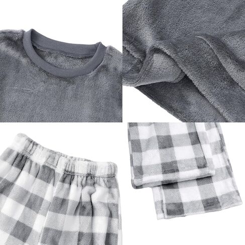 Weixinbuy Girls Fuzzy Pants Set Winter Flannel Fleece Outfits Pajamas Set for Kids Girls Crewneck Top & Plaid Pants Sweatsuit in Kuwait