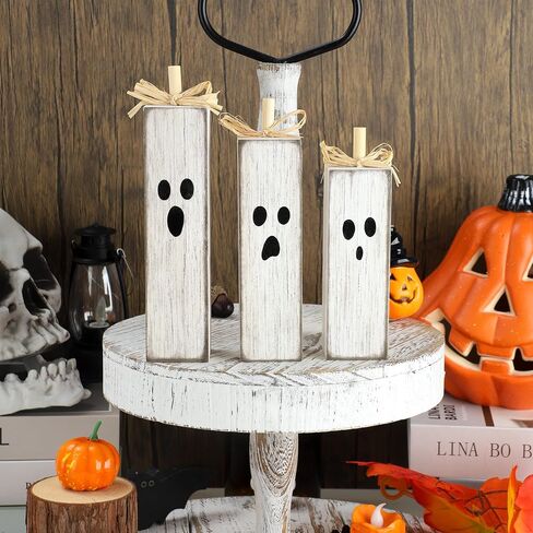 Augisteen 3 PCS Halloween Table Decoration Halloween White Ghost Tiered Tray Decor Cute Wooden Ghosts Tabletop Centerpieces Rustic Wooden Ghost Block Sign for Home Table Decor Shelf Display in Saudi Arabia