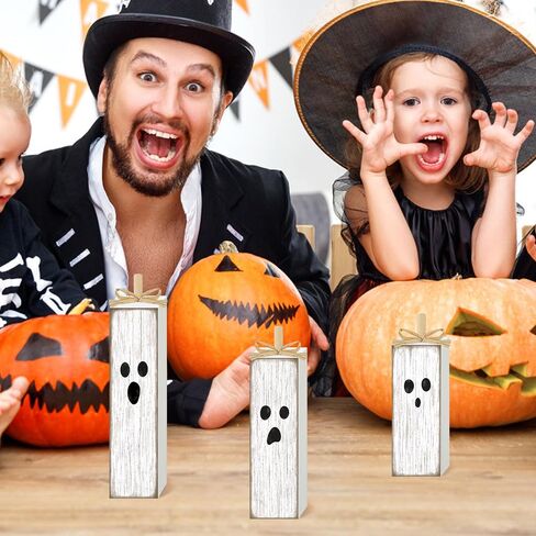 Augisteen 3 PCS Halloween Table Decoration Halloween White Ghost Tiered Tray Decor Cute Wooden Ghosts Tabletop Centerpieces Rustic Wooden Ghost Block Sign for Home Table Decor Shelf Display in Saudi Arabia