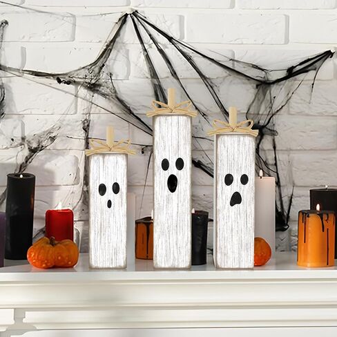 Augisteen 3 PCS Halloween Table Decoration Halloween White Ghost Tiered Tray Decor Cute Wooden Ghosts Tabletop Centerpieces Rustic Wooden Ghost Block Sign for Home Table Decor Shelf Display in Saudi Arabia
