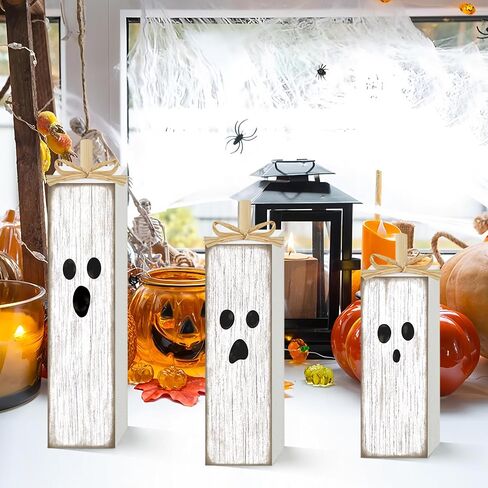 Augisteen 3 PCS Halloween Table Decoration Halloween White Ghost Tiered Tray Decor Cute Wooden Ghosts Tabletop Centerpieces Rustic Wooden Ghost Block Sign for Home Table Decor Shelf Display in Saudi Arabia