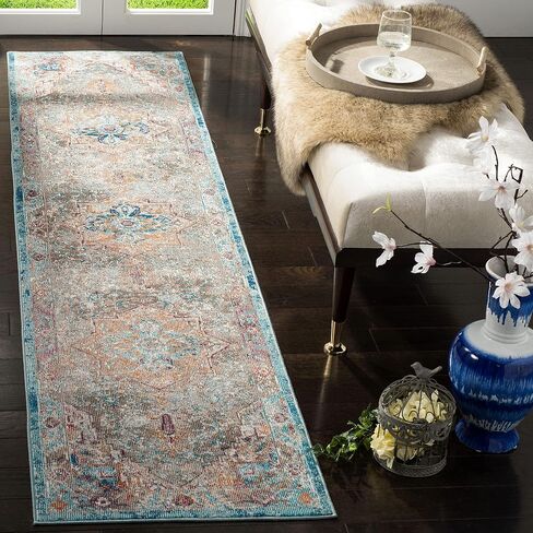 SAFAVIEH Aria Collection Runner Rug - 2' x 6', Beige & Blue, Boho Chic Medallion Distressed Design, Non-Shedding & Easy Care, Ideal for High Traffic Areas in Living Room, Bedroom (ARA119E) in Saudi Arabia