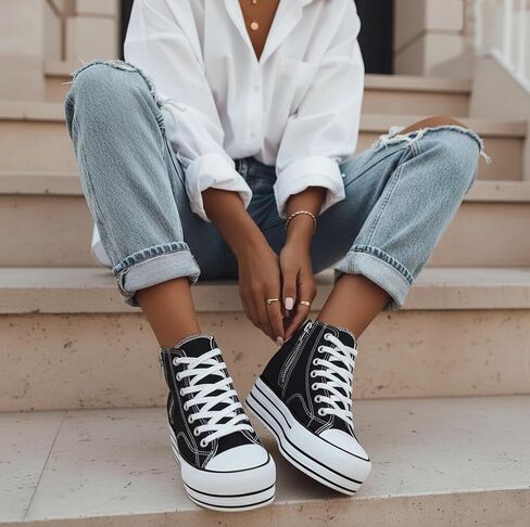 Womens Platform Wedge Sneakers Hidden Wedge 4 Inches Height Boost, High Top Canvas Heel Sneakers White Fashion Sneakers for Women and Girls in Kuwait