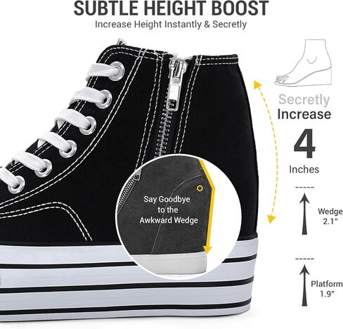 Womens Platform Wedge Sneakers Hidden Wedge 4 Inches Height Boost, High Top Canvas Heel Sneakers White Fashion Sneakers for Women and Girls in Kuwait