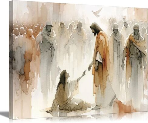 يسوع يشفي المرأة قماش جدار الفن امرأة تلمس تنحنح تنورة يسوع جدار ديكور صورة مائية قصص الكتاب المقدس ملصق طباعة اللوحة لغرفة المعيشة المسيحية ديكور المنزل الاستعداد للتعليق in Kuwait