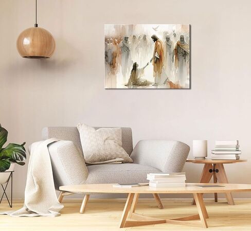 يسوع يشفي المرأة قماش جدار الفن امرأة تلمس تنحنح تنورة يسوع جدار ديكور صورة مائية قصص الكتاب المقدس ملصق طباعة اللوحة لغرفة المعيشة المسيحية ديكور المنزل الاستعداد للتعليق in Kuwait