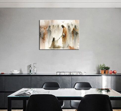 يسوع يشفي المرأة قماش جدار الفن امرأة تلمس تنحنح تنورة يسوع جدار ديكور صورة مائية قصص الكتاب المقدس ملصق طباعة اللوحة لغرفة المعيشة المسيحية ديكور المنزل الاستعداد للتعليق in Kuwait