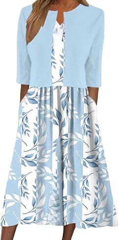 XNC Womens 2 Piece Set Fashion Fresh Plant Print Midi Dress V-Neck Half Sleeve with Jacket A-line Dresses Lounge Outfits in Saudi Arabia