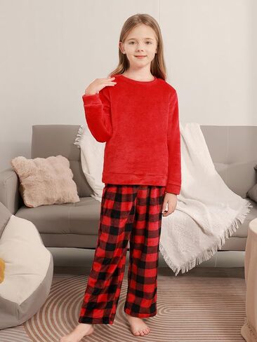 Weixinbuy الفتيات السراويل غامض مجموعة ملابس الشتاء الفانيلا الصوف منامة مجموعة للأطفال الفتيات Crewneck أعلى والسراويل منقوشة Sweatsuit in Kuwait