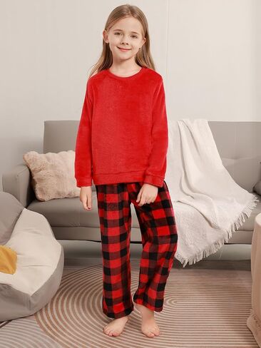 Weixinbuy الفتيات السراويل غامض مجموعة ملابس الشتاء الفانيلا الصوف منامة مجموعة للأطفال الفتيات Crewneck أعلى والسراويل منقوشة Sweatsuit in Kuwait