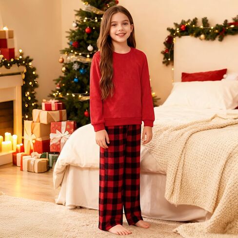 Weixinbuy الفتيات السراويل غامض مجموعة ملابس الشتاء الفانيلا الصوف منامة مجموعة للأطفال الفتيات Crewneck أعلى والسراويل منقوشة Sweatsuit in Kuwait