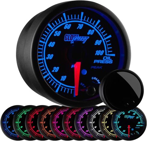 مجموعة قياس ضغط الزيت GlowShift Elite 10 ألوان 100 رطل لكل بوصة مربعة - تتضمن مستشعرًا إلكترونيًا - قرص أسود - عدسة ملونة - وظيفة استدعاء الذروة - للسيارة والشاحنات - 2-1/16 بوصة 52 مم in Saudi Arabia