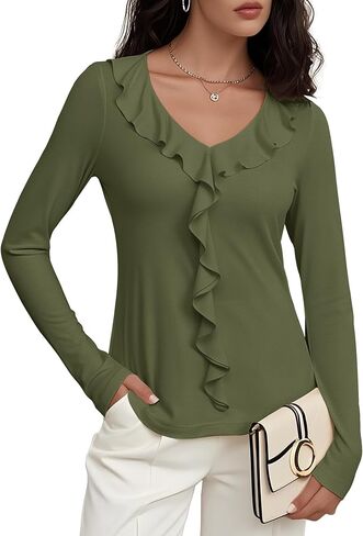 Women's Long Sleeve Shirts Dressy Casual V Neck Ruffle Knit Tunic Tops 2025 Fall Trendy Work Blouse in Kuwait